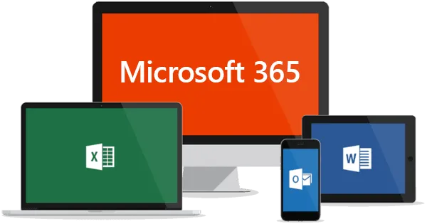 A desktop monitor, laptop, tablet and phone displaying the Microsoft 365, Excel and Word apps