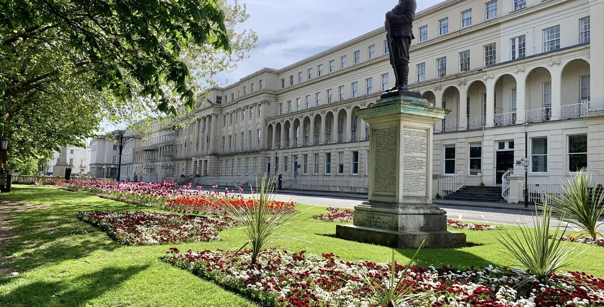 Regency buildings and flower beds in the centre of Cheltenham